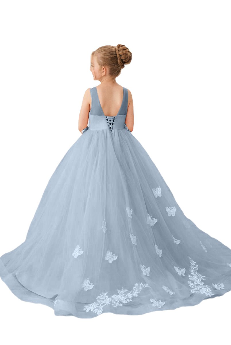 Wehilion applique tulle princess gown in soft blue with floral details for young girls