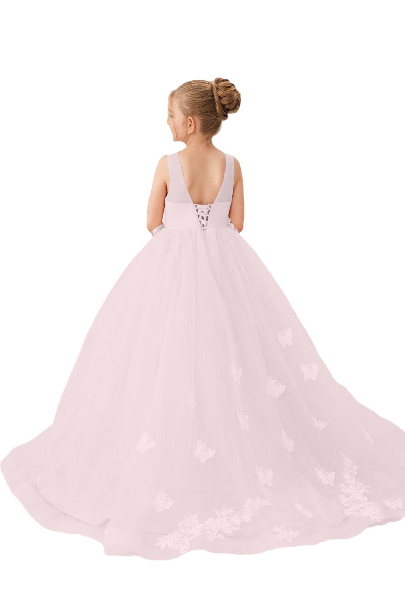 Wehilion applique tulle princess gown in soft pink with a beautiful butterfly design for girls