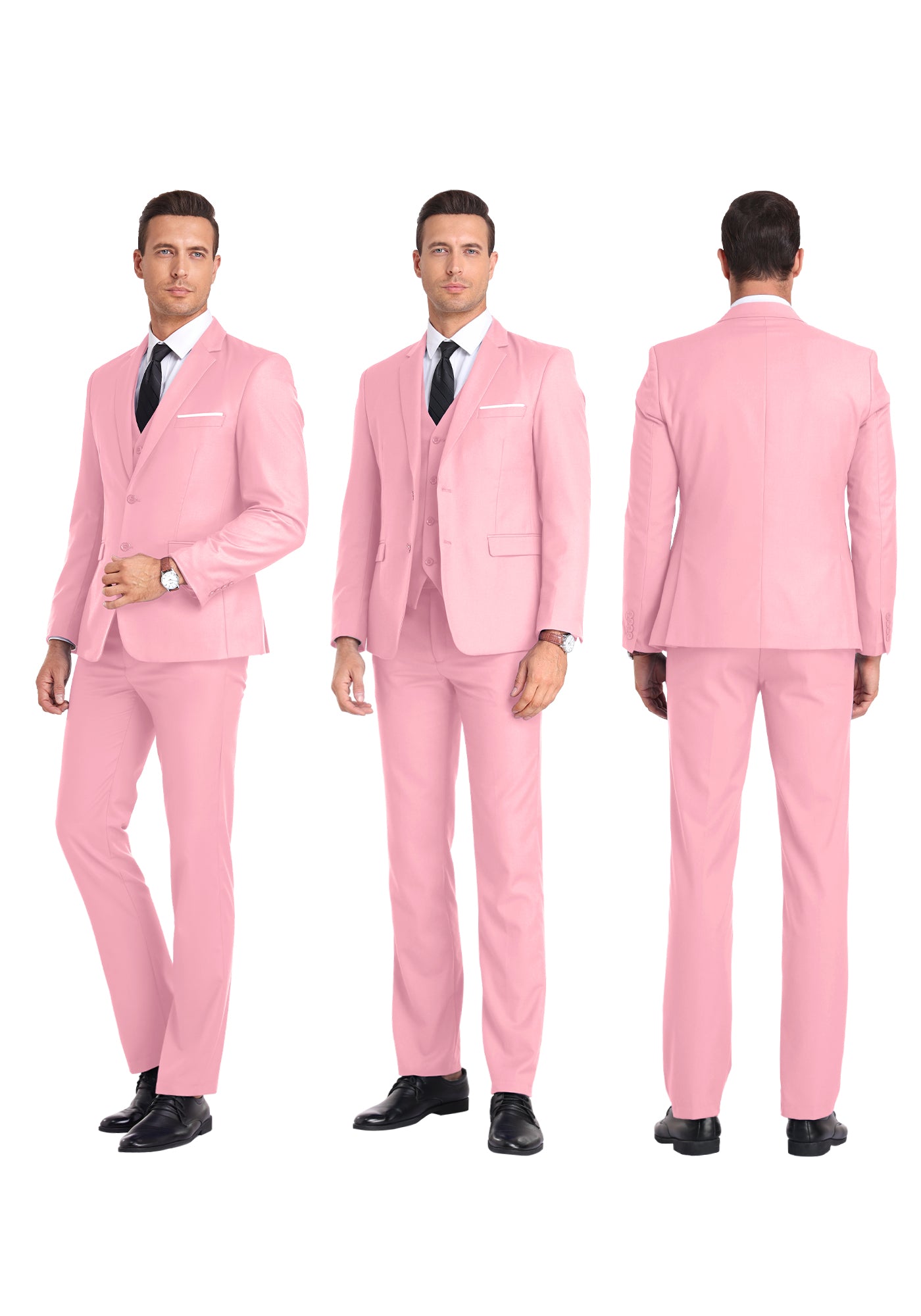 Feature callouts on pink suit showing notch lapel, flap pockets, cuff buttons, and shoulder cut