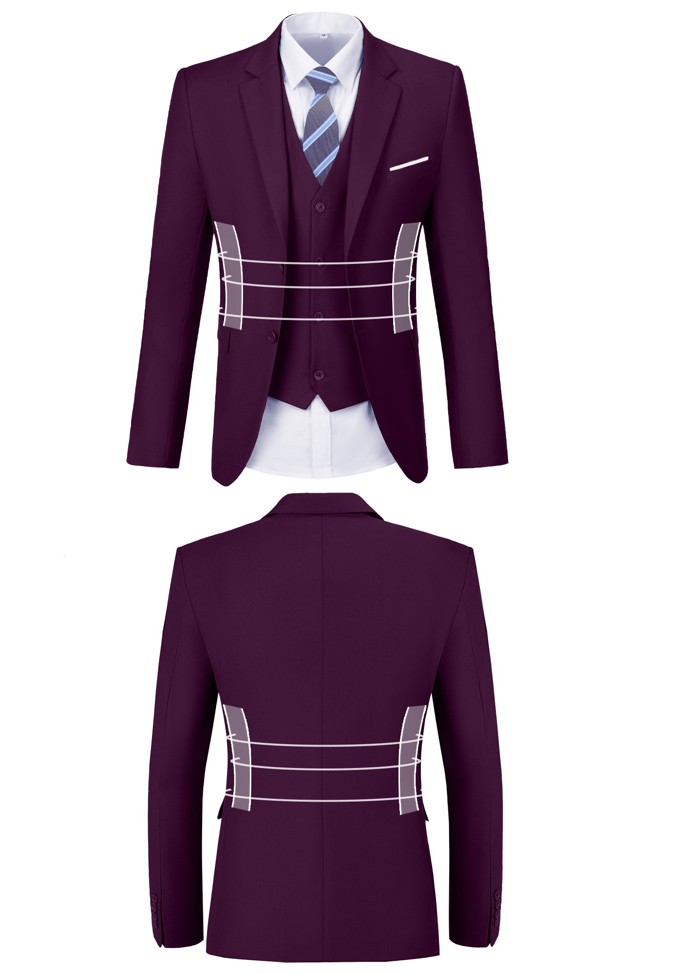 Front and back view of plum suit jacket showing fit, button, and stitching design