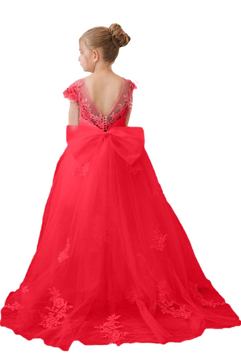 Wehilion flower girl tulle dress in bright red with elegant back bow and floral embroidery details