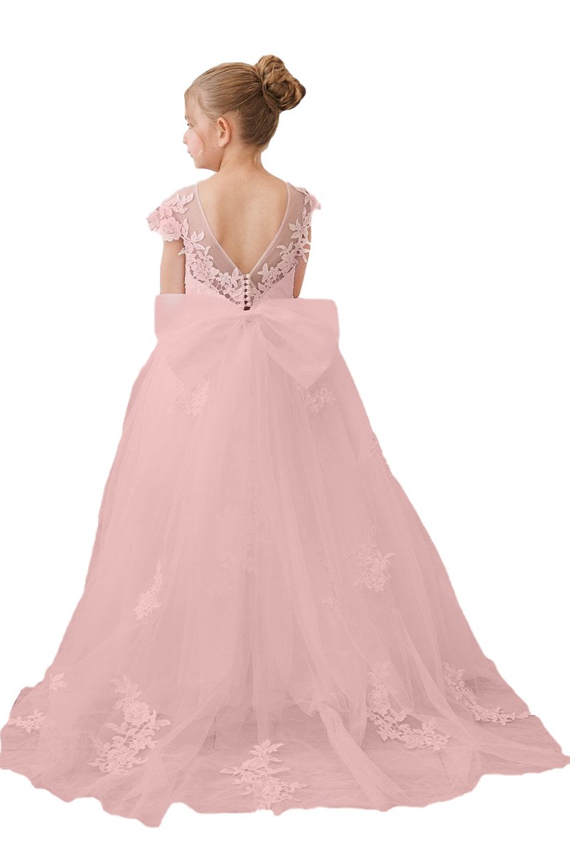 Wehilion flower girl tulle dress in pink with elegant lace details and exquisite back design