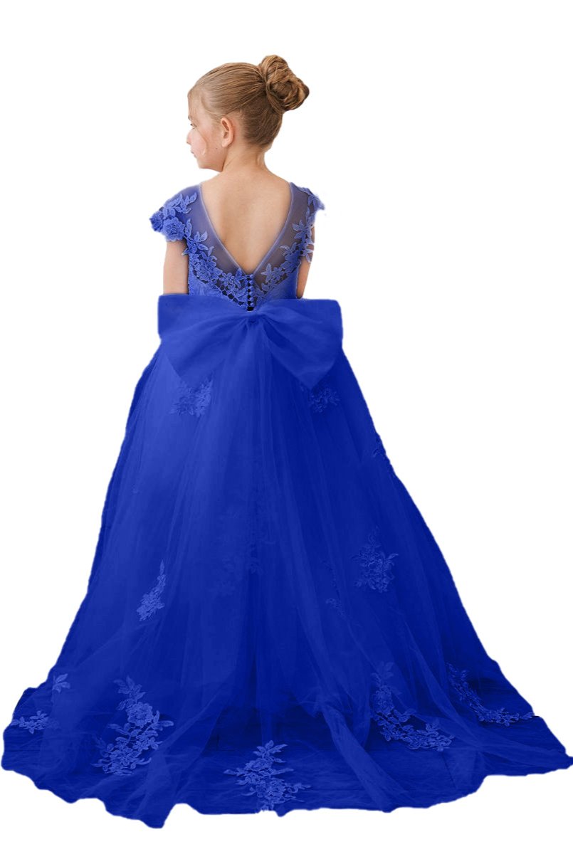 Wehilion flower girl tulle dress in blue with elegant bow and floral embroidery for special occasions