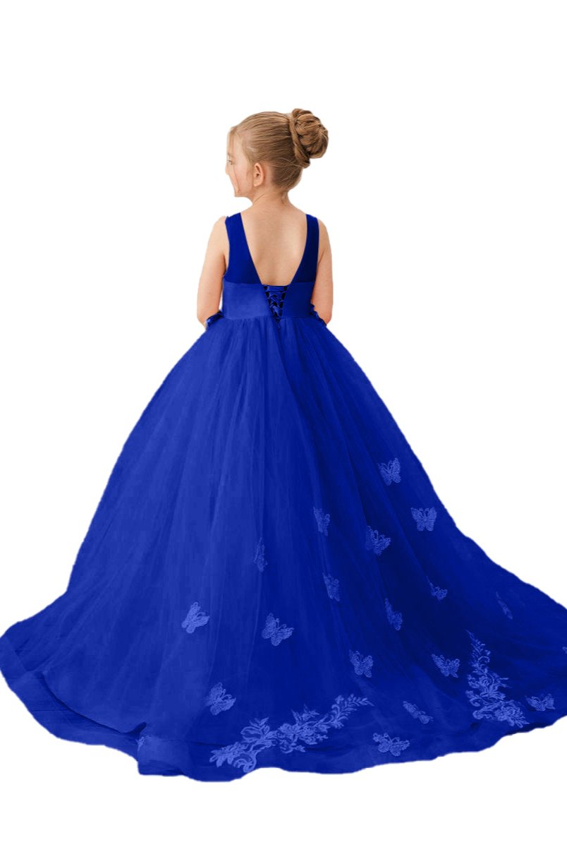 Wehilion blue applique tulle princess gown with elegant floral details for girls