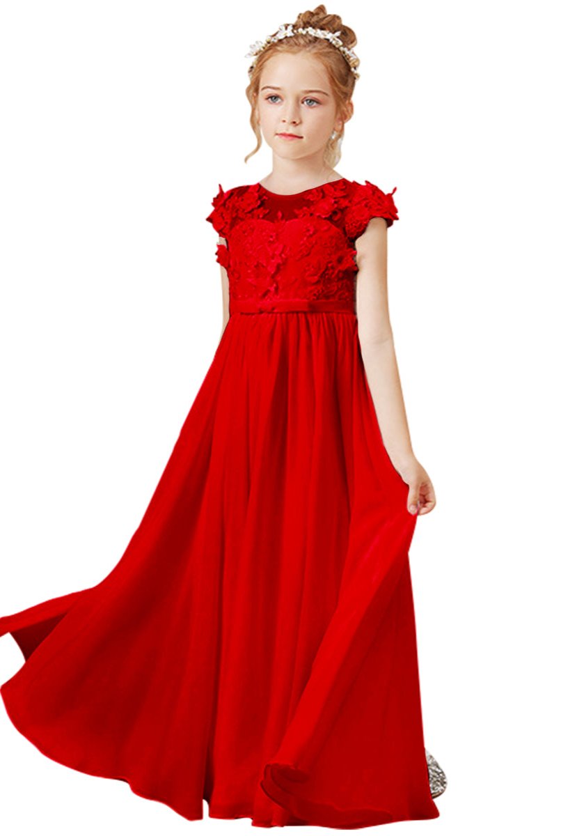 Wehilion red flower girl tulle dress with floral details and a flowy skirt for special occasions