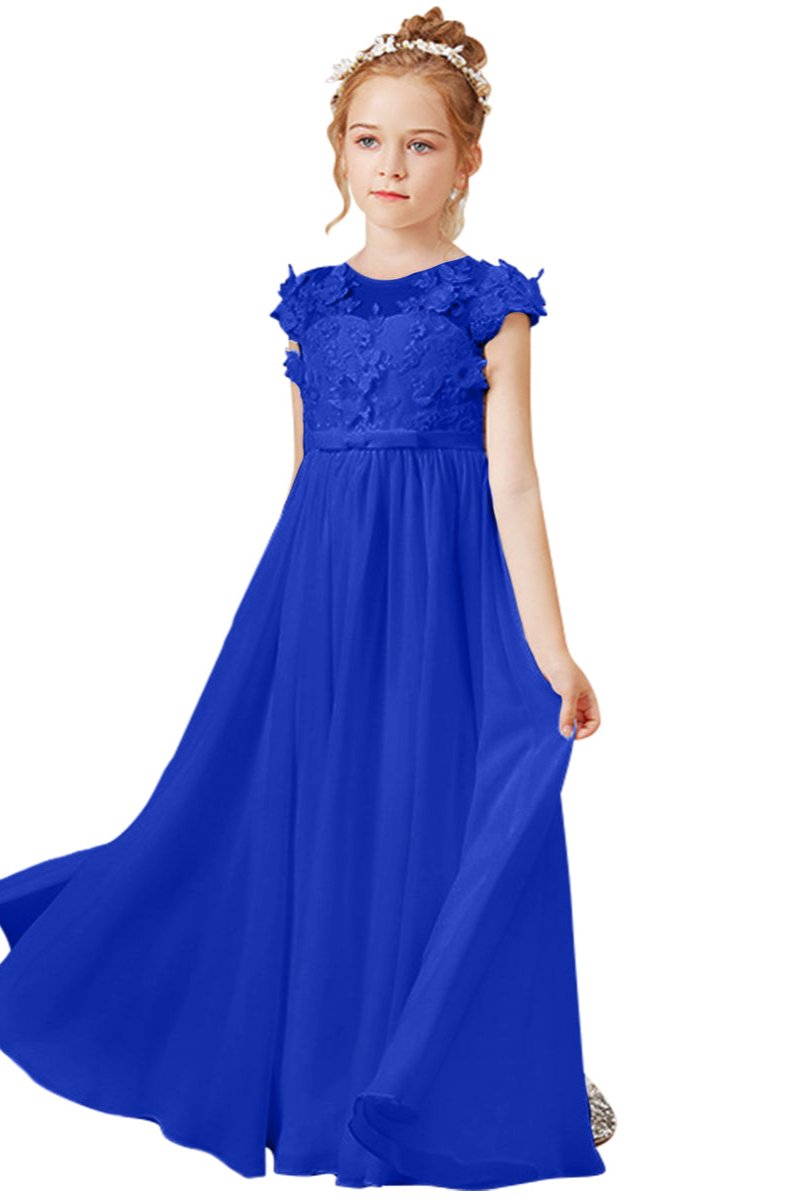 Wehilion flower girl tulle dress in vibrant blue with floral detailing and flowing skirt