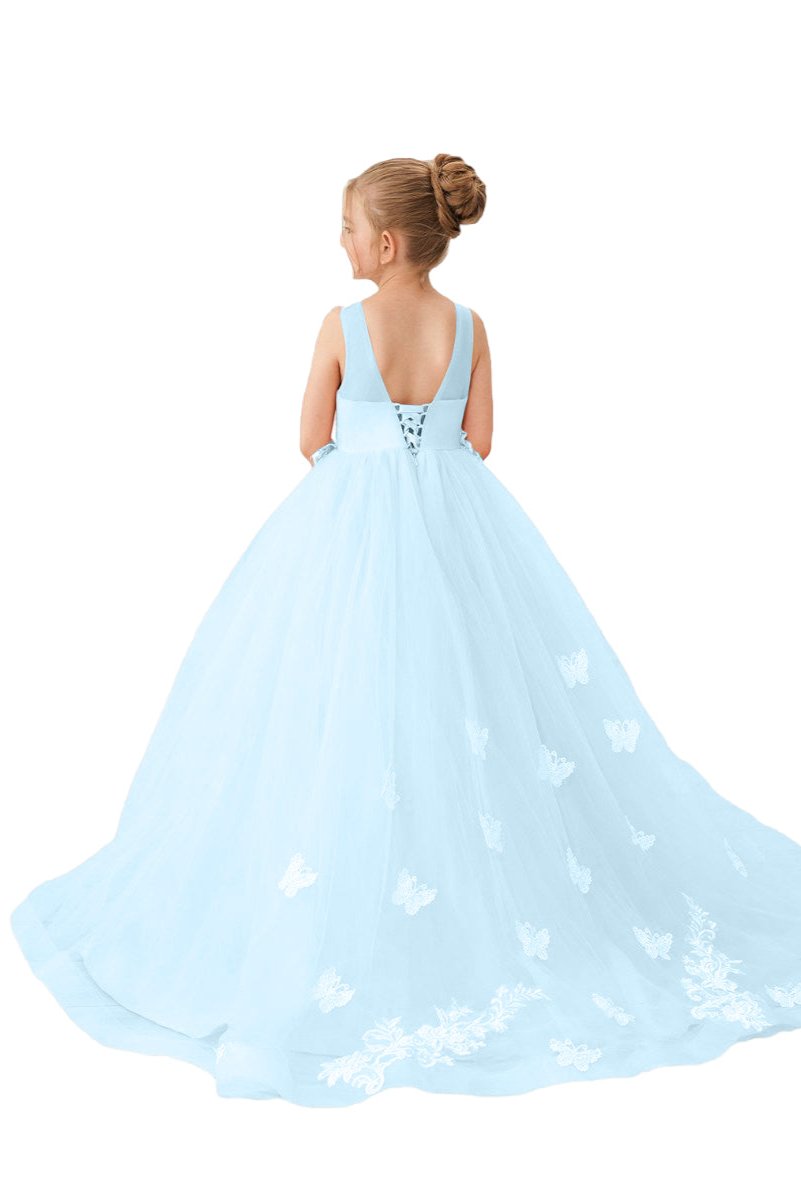 Wehilion applique tulle princess gown in light blue with butterfly details and a flowing skirt