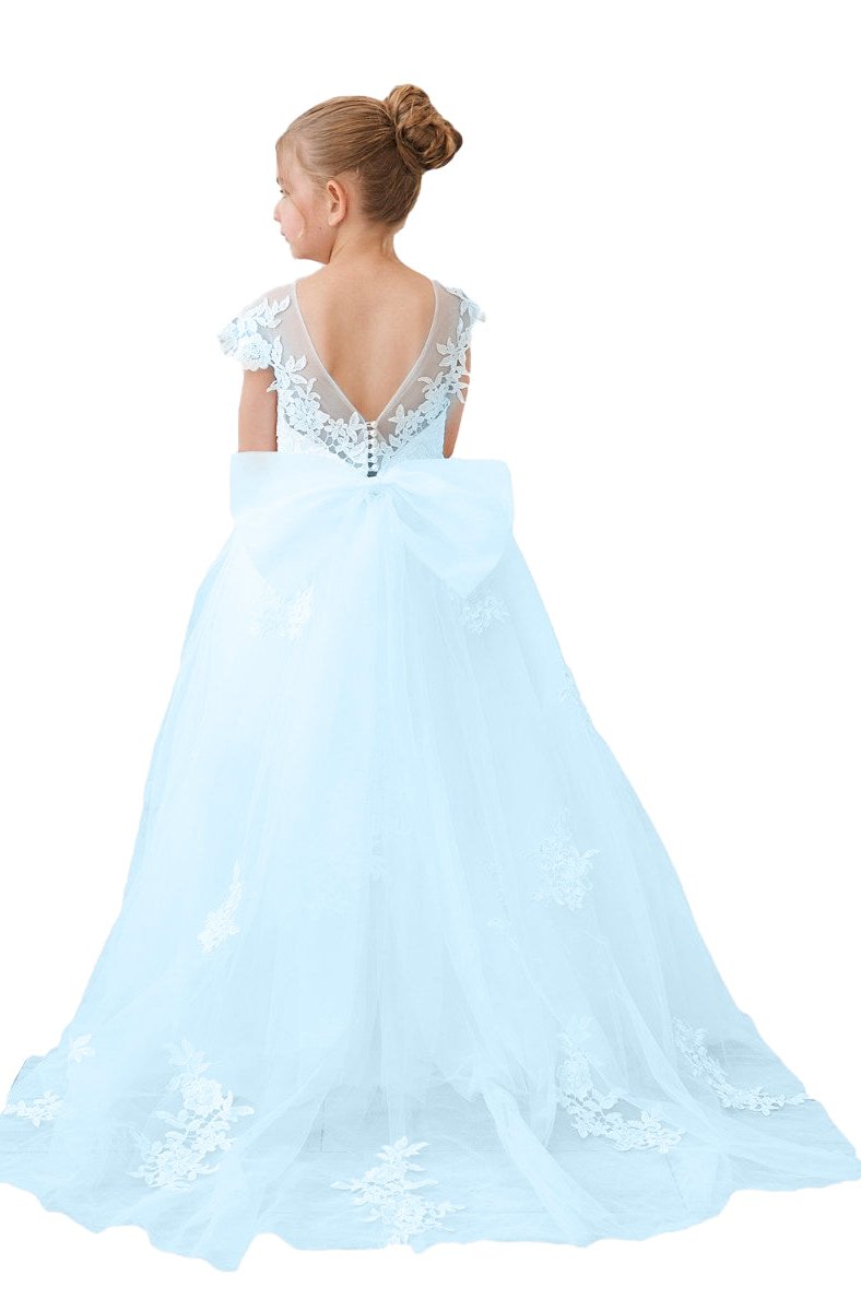 Wehilion flower girl tulle dress in light blue with floral lace and a big bow at the back