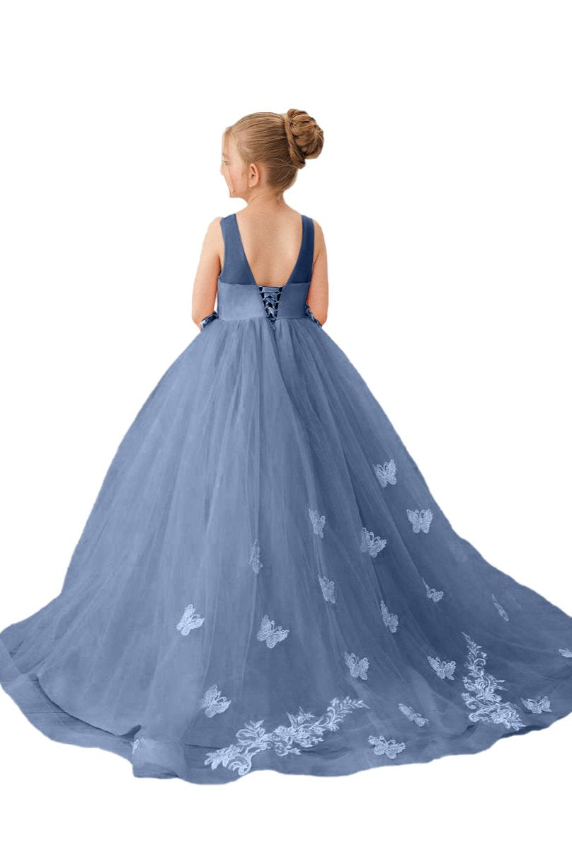 Wehilion applique tulle princess gown in blue with floral embroidery for girls' special occasions