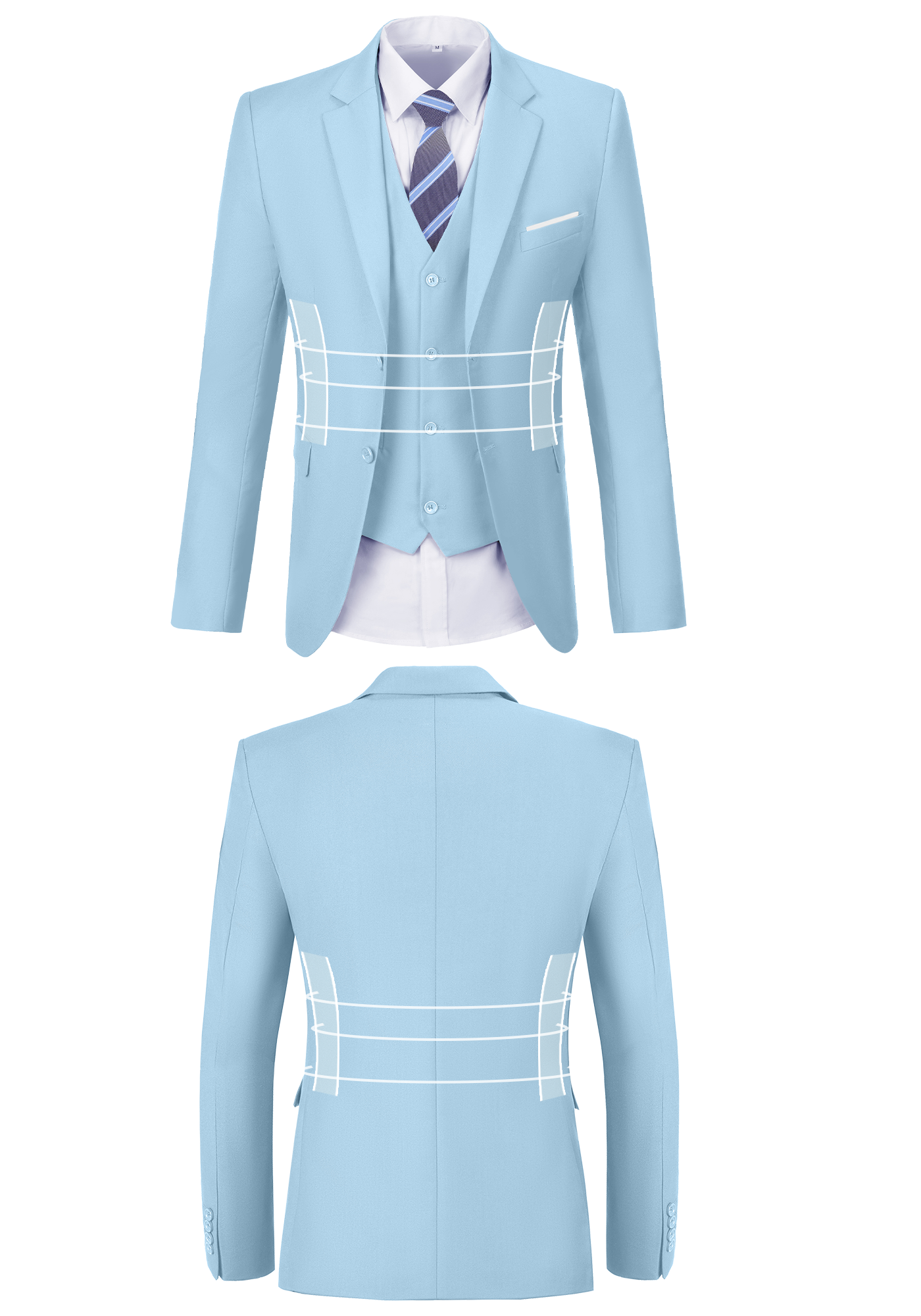 Front and back view of sky blue suit jacket showing fit, button, and stitching design