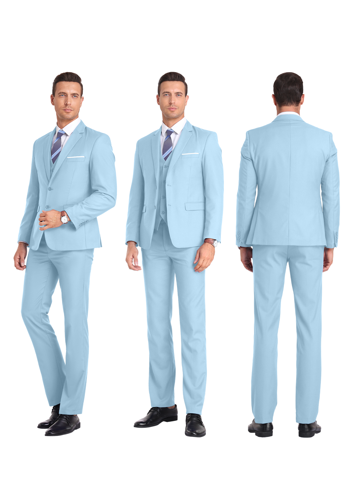 Three-angle view of model in sky blue suit from front, side, and rear, highlighting tailored fit