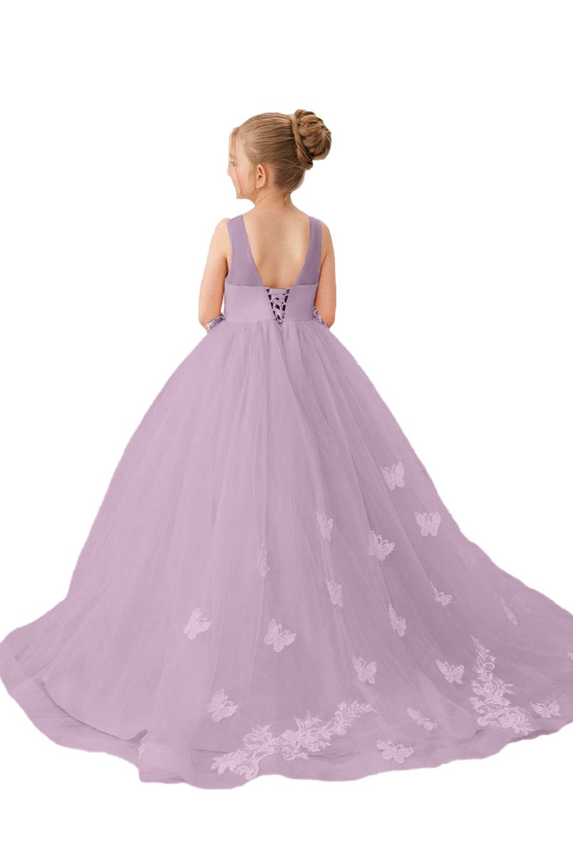 Back view of a girl's applique tulle princess gown in lavender with delicate floral embroidery