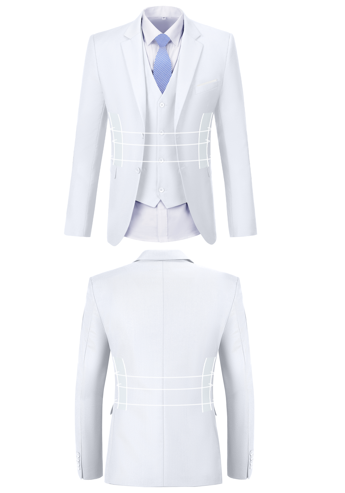 Front and back view of white suit jacket showing fit, button, and stitching design