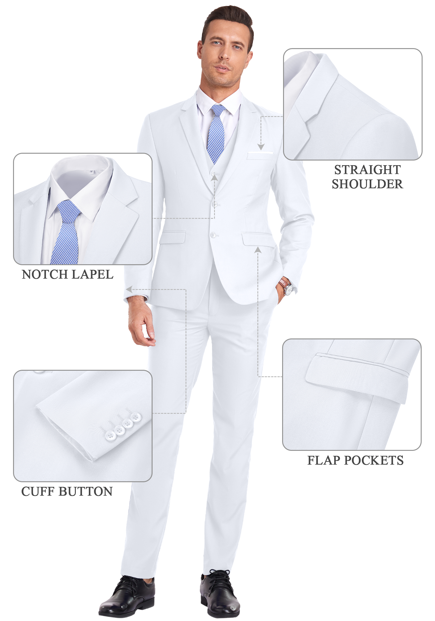 Feature callouts on white suit showing notch lapel, flap pockets, cuff buttons, and shoulder cut