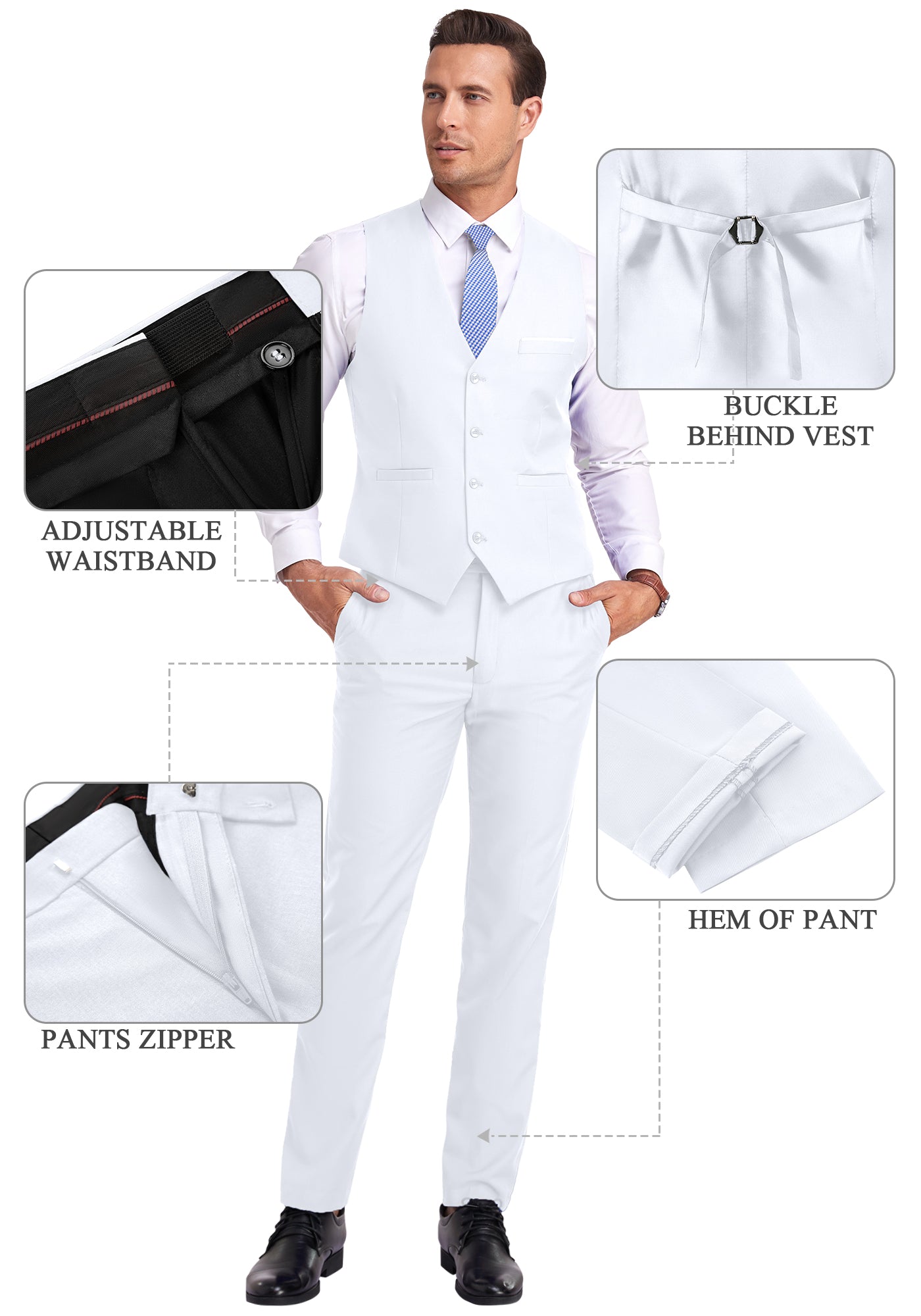 white vest and pants displayed on model with zoom-in details on waistband, zipper, and vest buckle