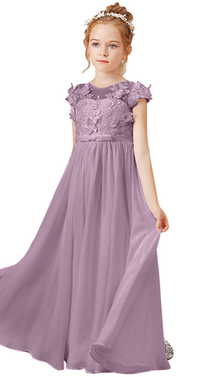 Wehilion flower girl tulle dress in lavender with floral details and flowing skirt for special occasions