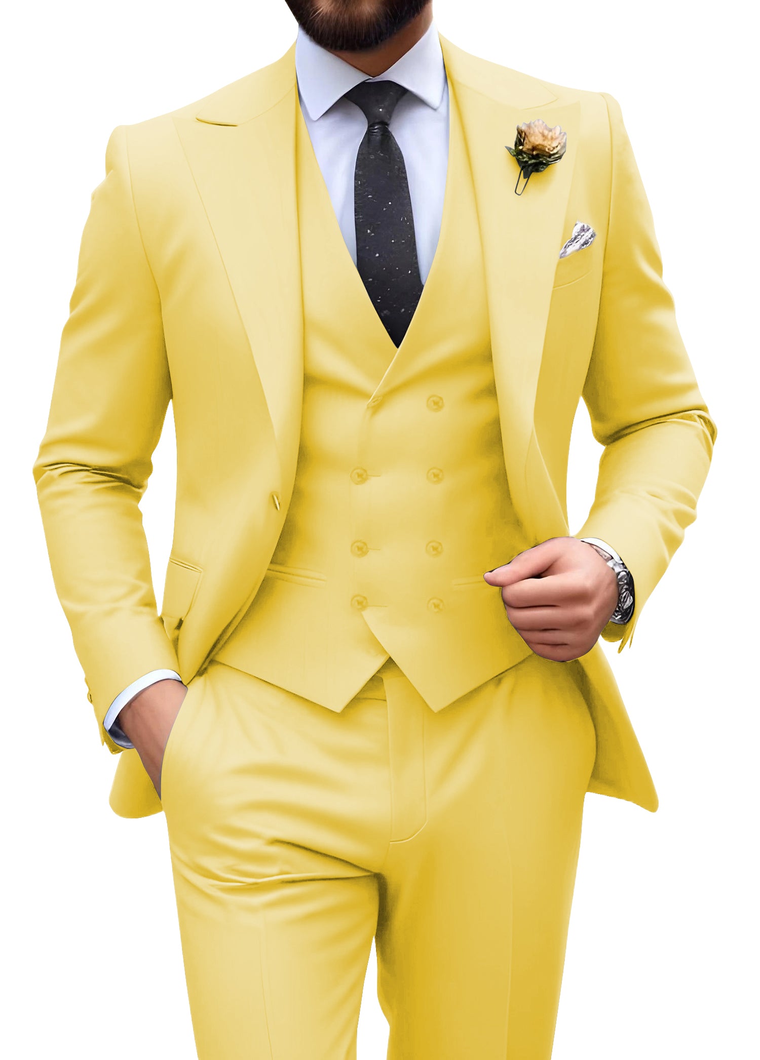 Men’s yellow tuxedo set with tailored fit blazer, formal vest, and dress pants – ideal for casual weddings or prom