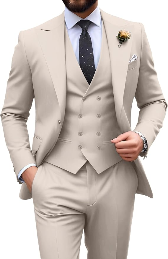 Men’s light champagne tuxedo set with tailored fit blazer, formal vest, and dress pants – ideal for casual weddings or prom