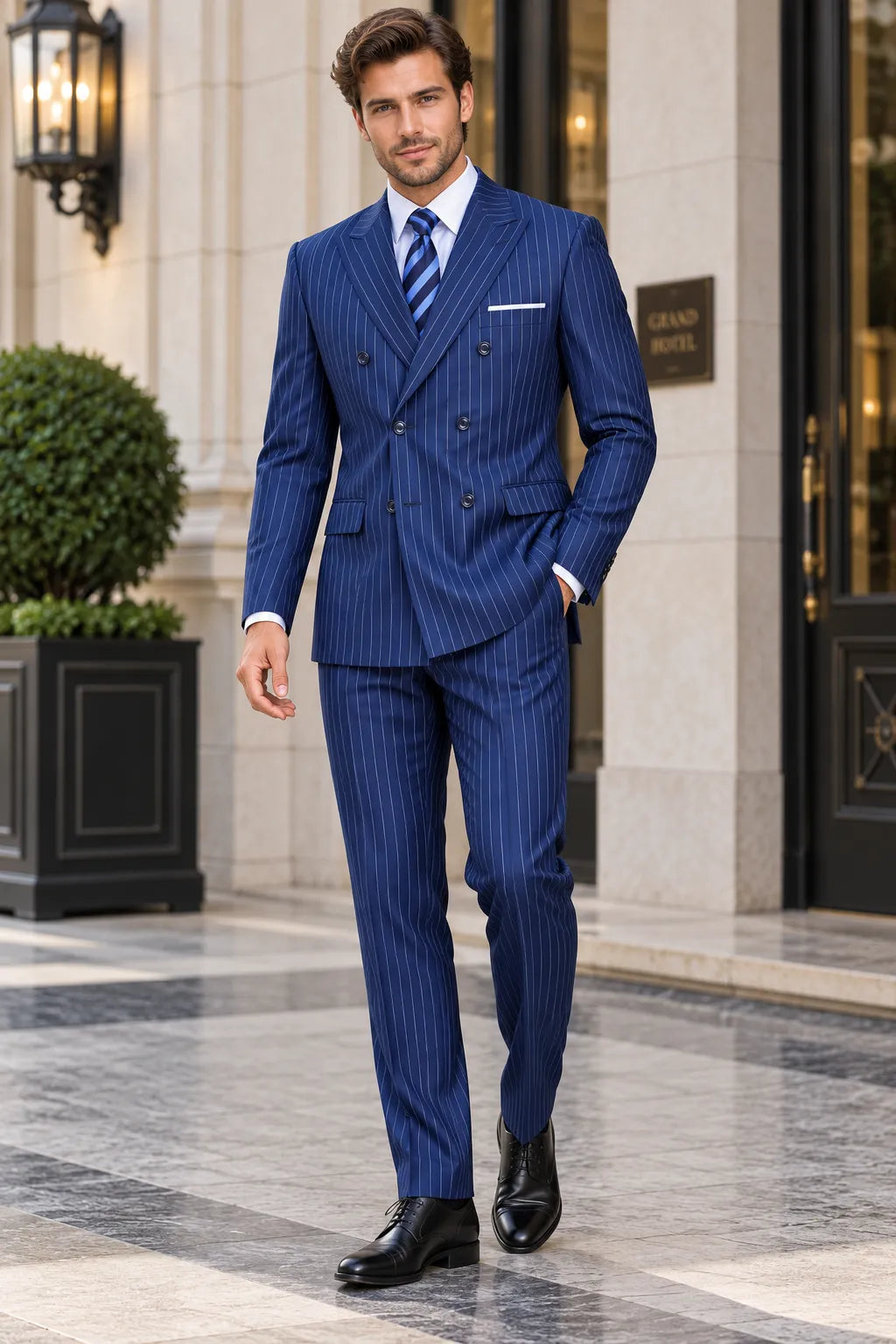 Men's Navy Pinstripe Double Breasted 2 Piece Suit