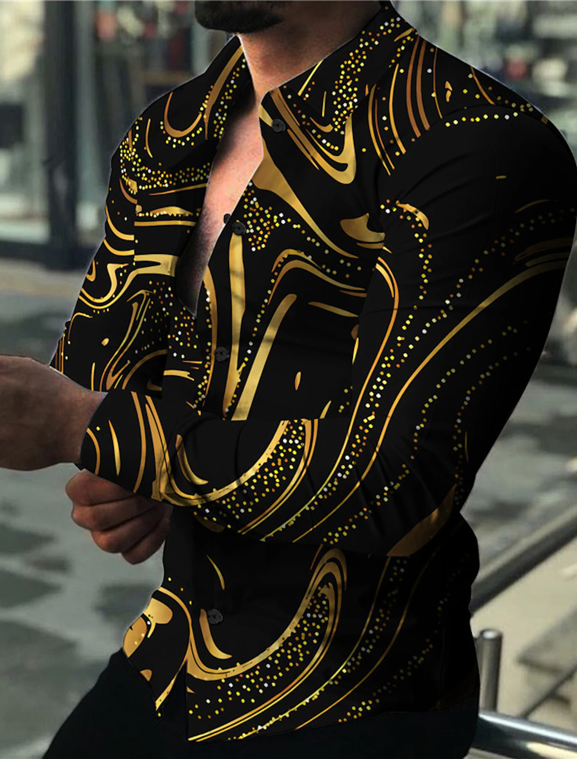 Artistic gold swirl long sleeve shirt for men – bold holiday button-up fashion