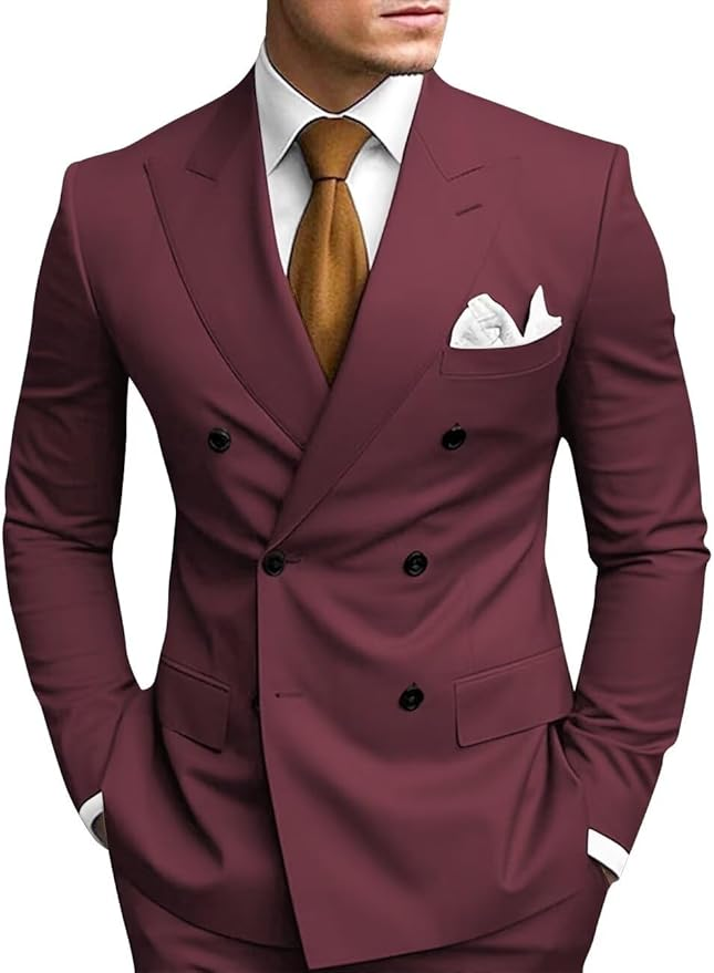 Wine Red double breasted 2 piece slim fit men’s suit with peak lapel – wedding or business formalwear