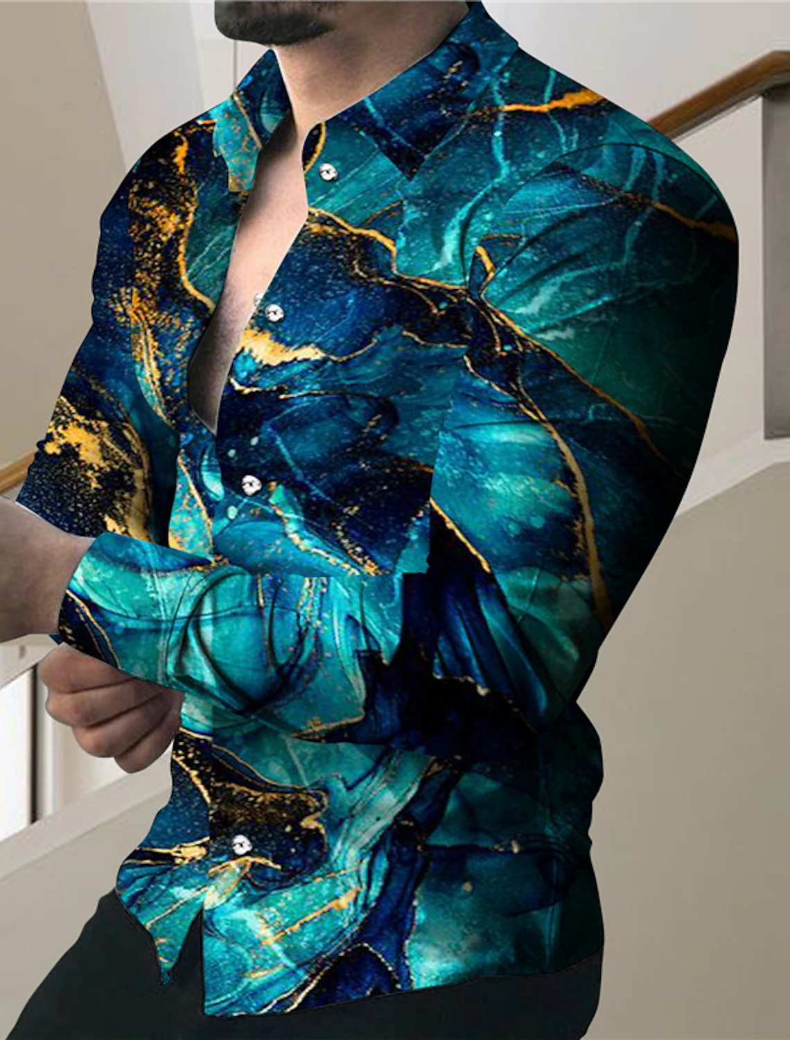 Men’s long sleeve shirt with blue marble print – stylish button-down party look