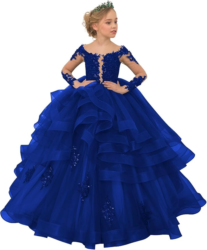 Long Sleeve Flower Girl Dresses Lace Applique Princess Ruffles Tulle Party Gown
