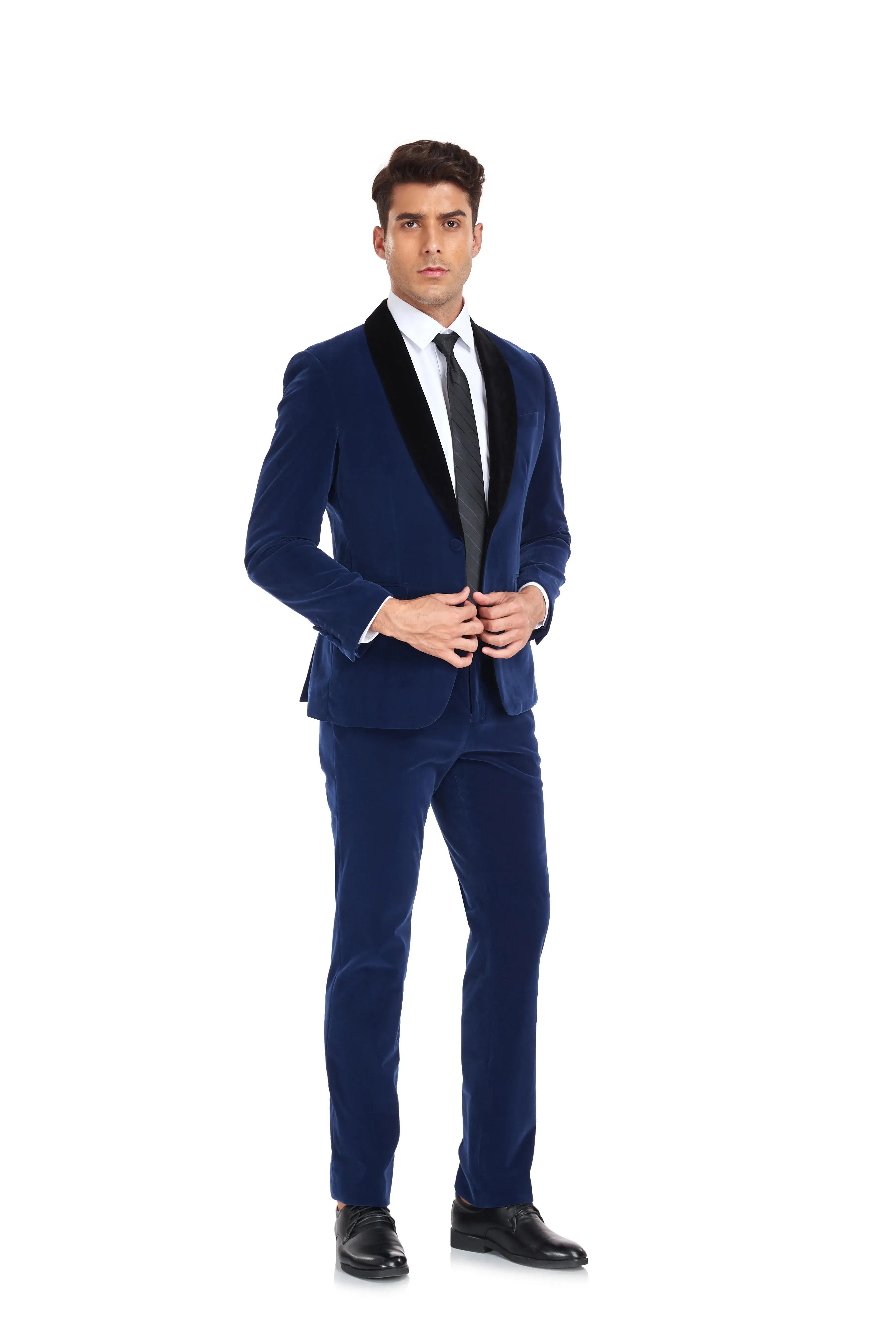 Angled pose in royal blue velvet suit for men – formal 3 piece wedding outfit