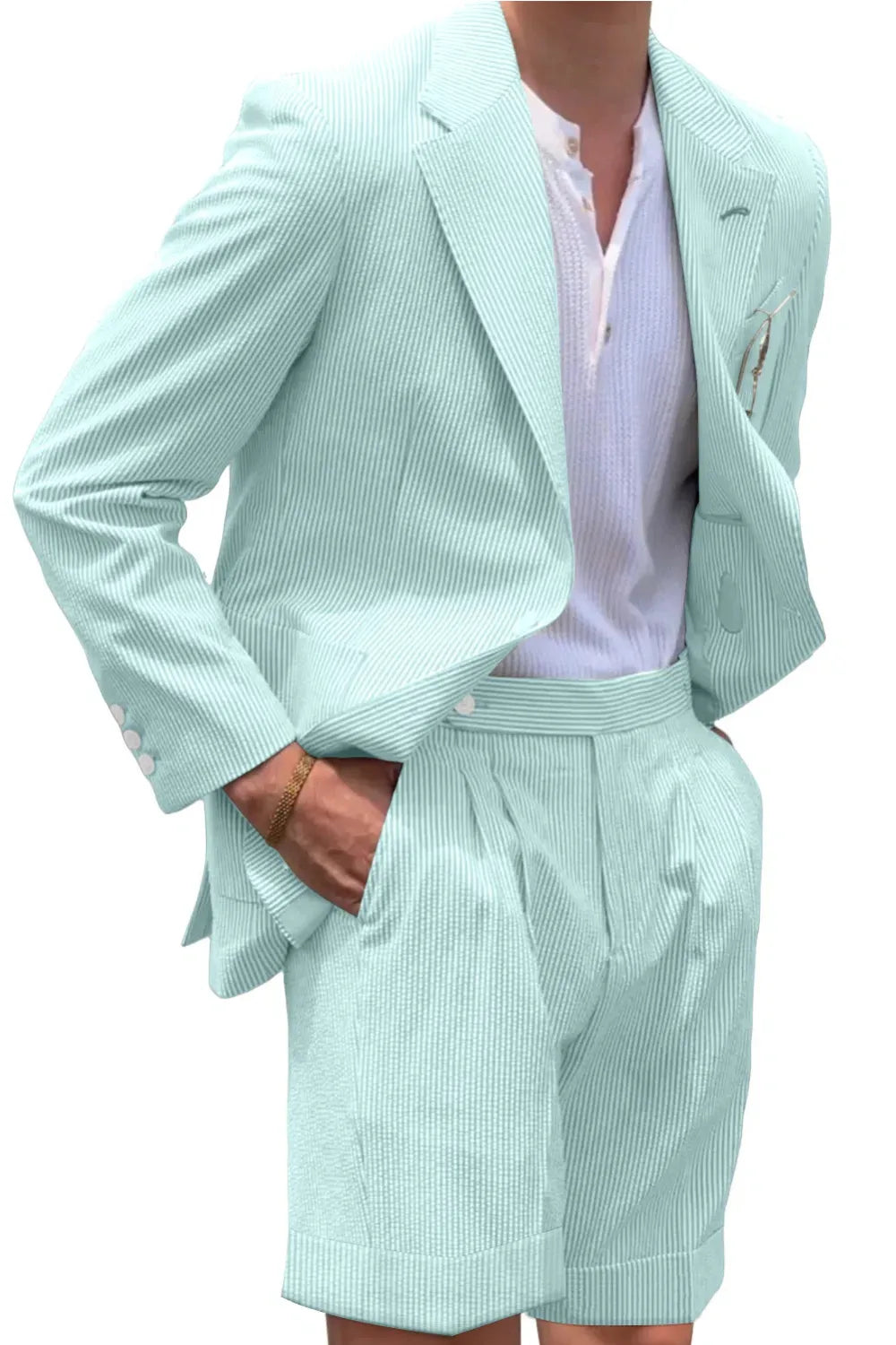 Men's aqua seersucker blazer and shorts set – lightweight striped summer 2 piece suit