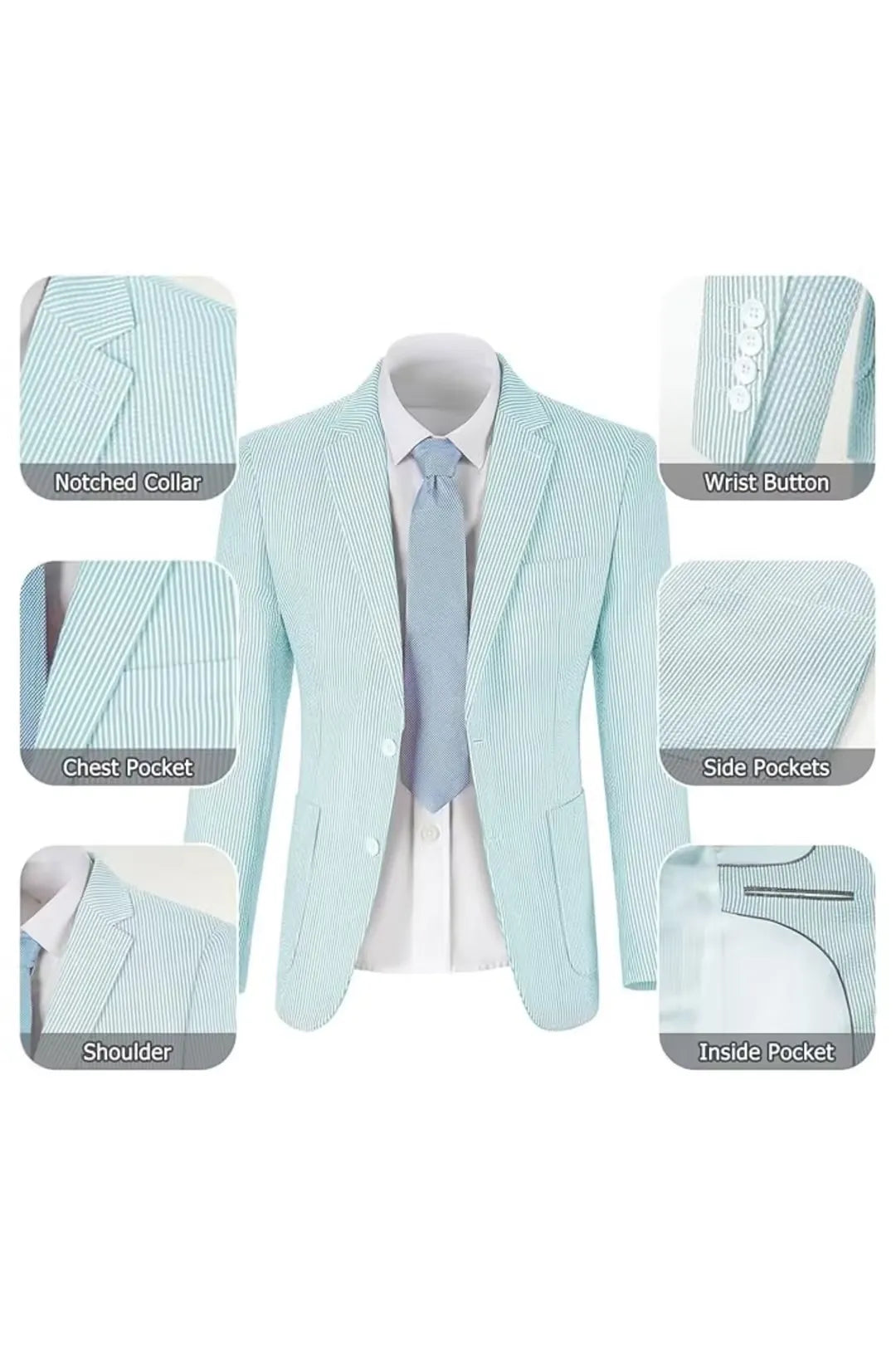 Aqua-and-white seersucker blazer showcasing pockets, lapels, and its breathable fabric texture.