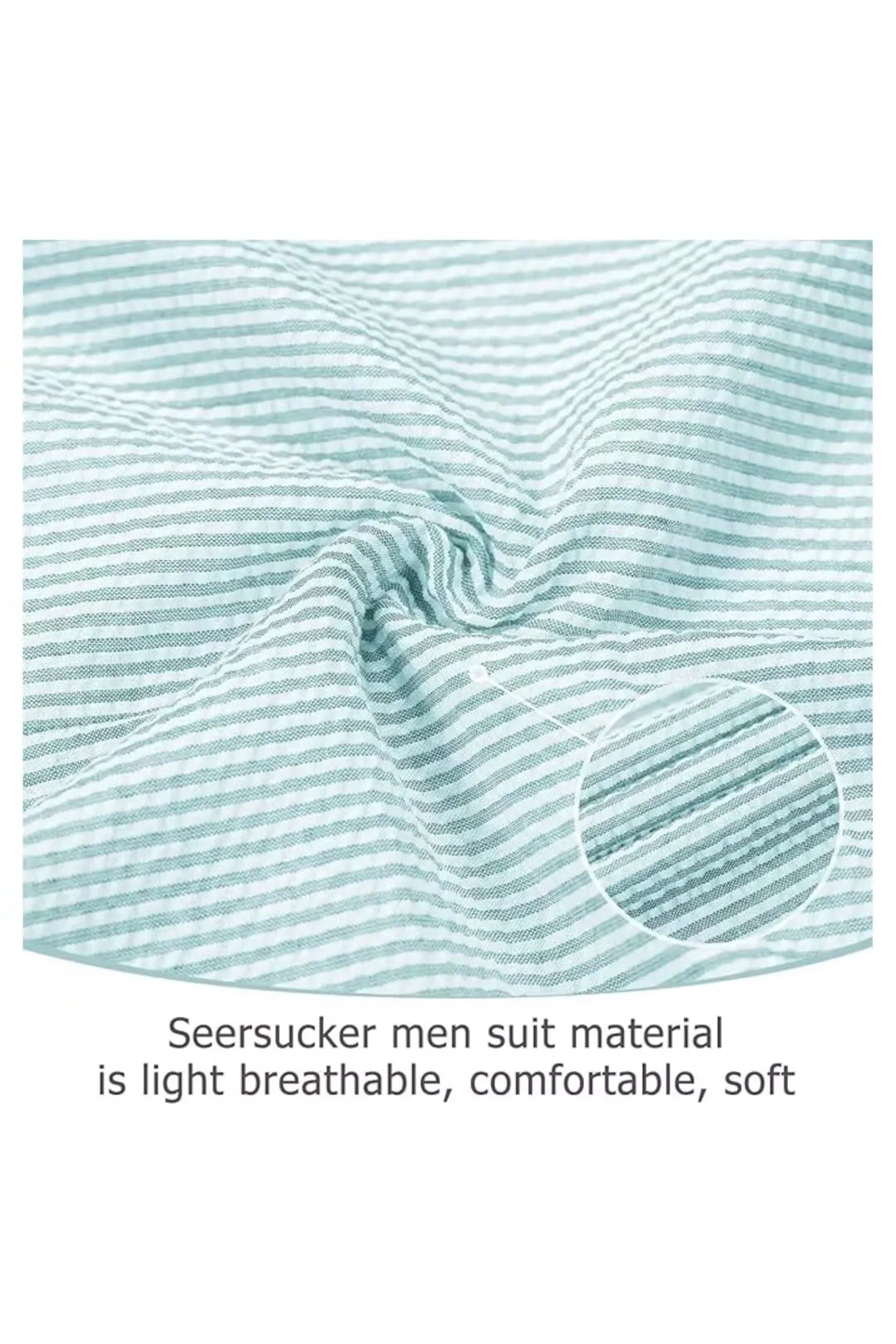 Close-up of aqua-and-white seersucker fabric texture with soft stripes for a comfortable fit.