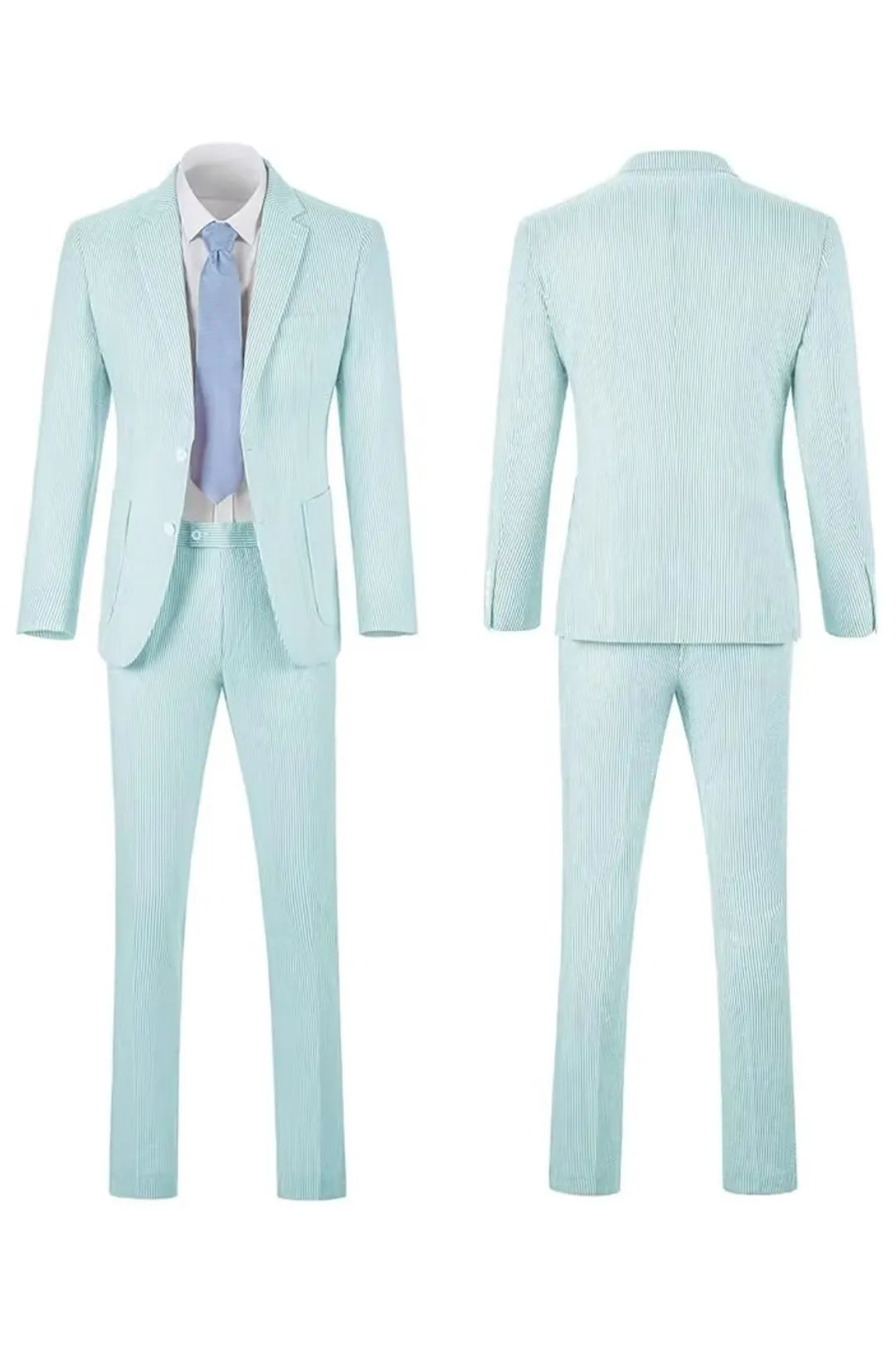 Full front and back view of a men's aqua-and-white striped seersucker blazer set for a cool summer look.