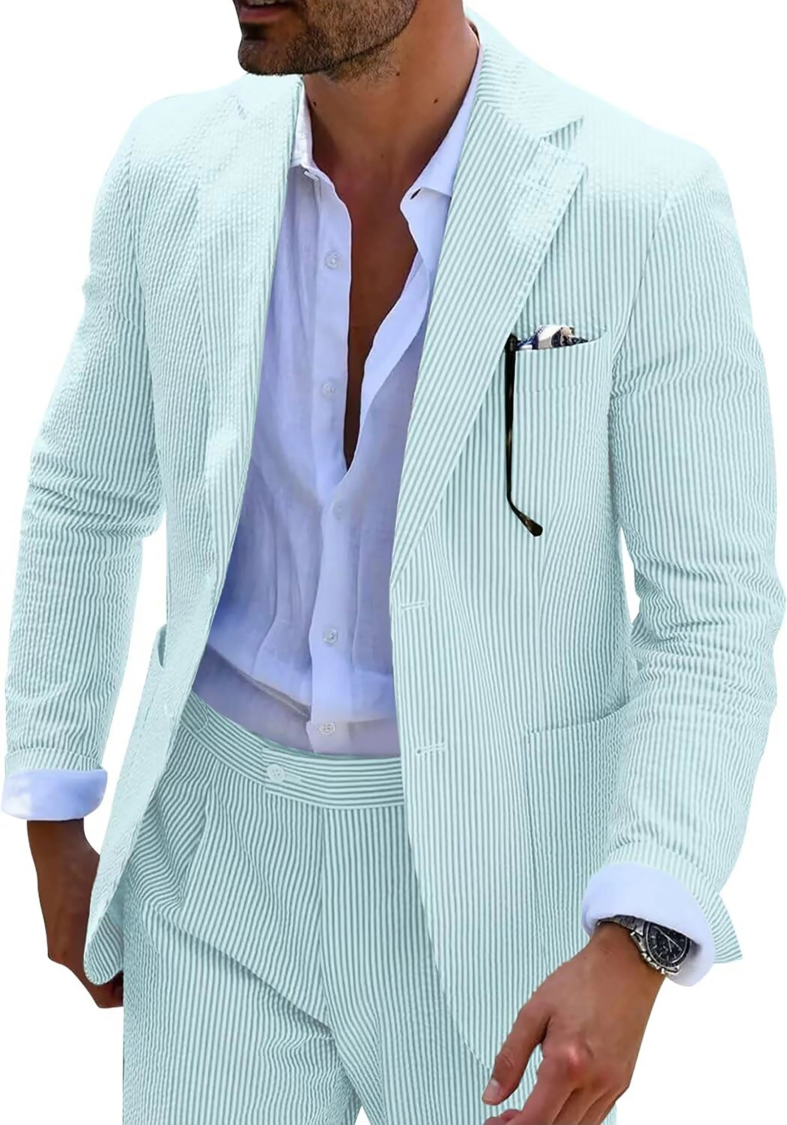 Aqua-and-white striped seersucker blazer styled with a summer shirt for a fresh, cool look.