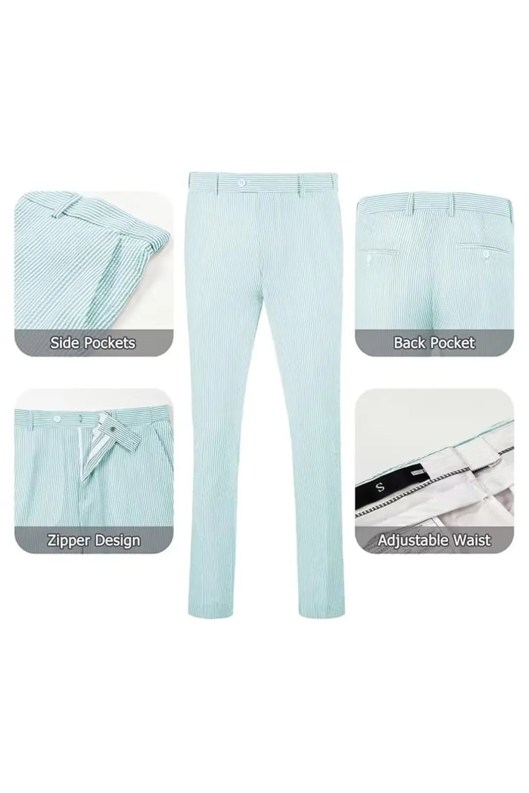Aqua-and-white striped seersucker pants with adjustable waist and zipper, perfect for summer wear.