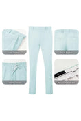 Load image into Gallery viewer, Aqua-and-white striped seersucker pants with adjustable waist and zipper, perfect for summer wear.