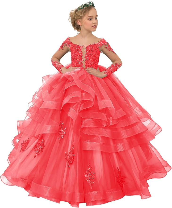 Long Sleeve Flower Girl Dresses Lace Applique Princess Ruffles Tulle Party Gown