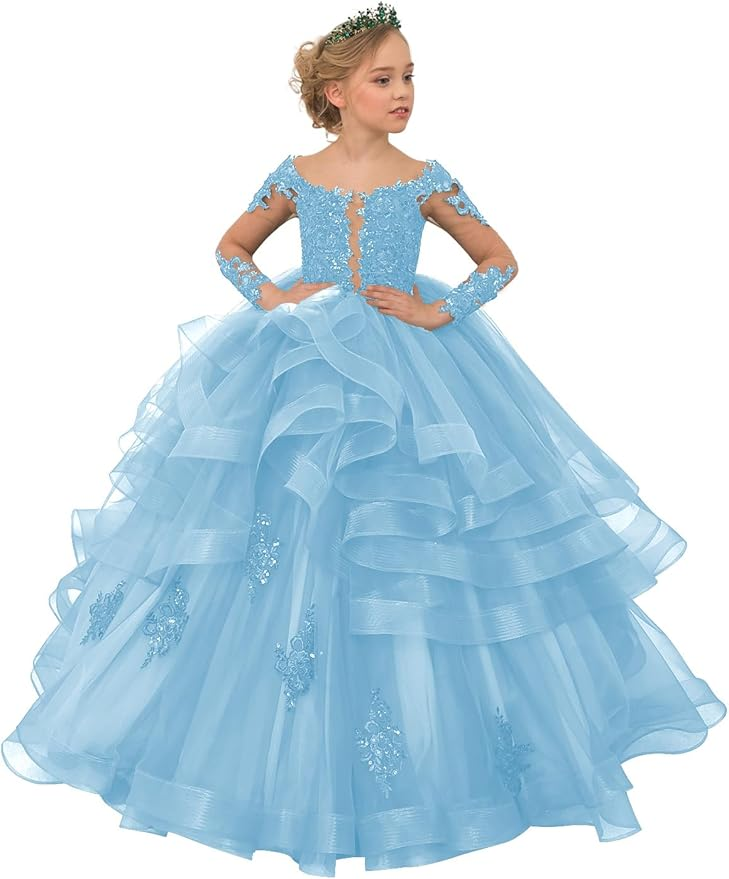 Long Sleeve Flower Girl Dresses Lace Applique Princess Ruffles Tulle Party Gown