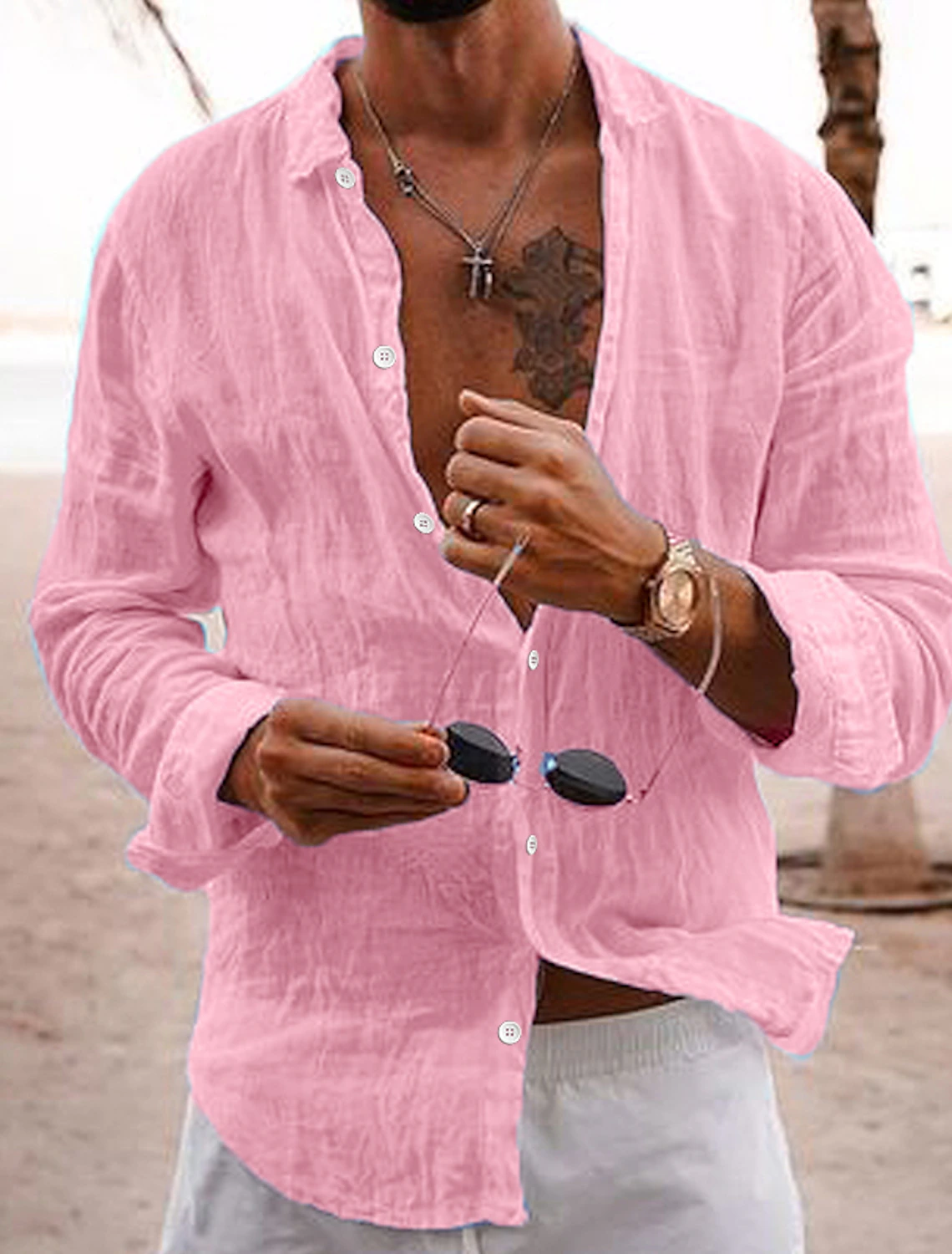 Men's light pink casual linen shirt – stylish spring and summer vacation outfit choice