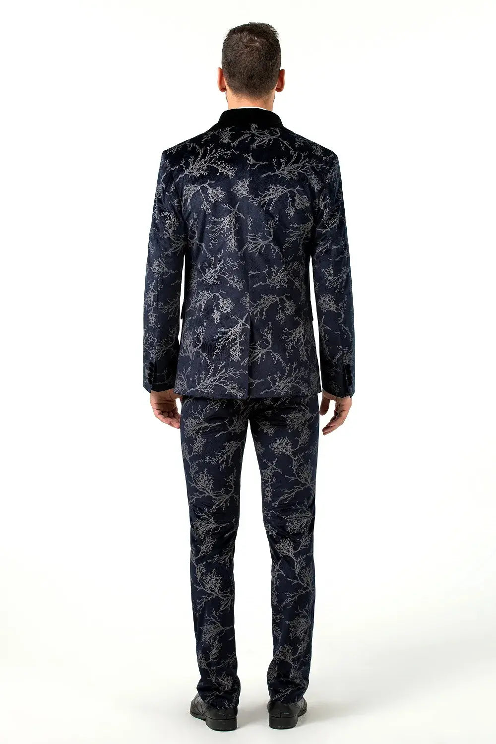 Back angle of men's navy velvet 3 piece suit – tree branch pattern party outfit
