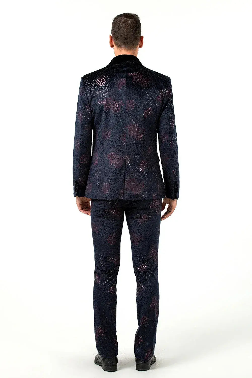 Back view of dark navy velvet suit – subtle patterned texture for formal events