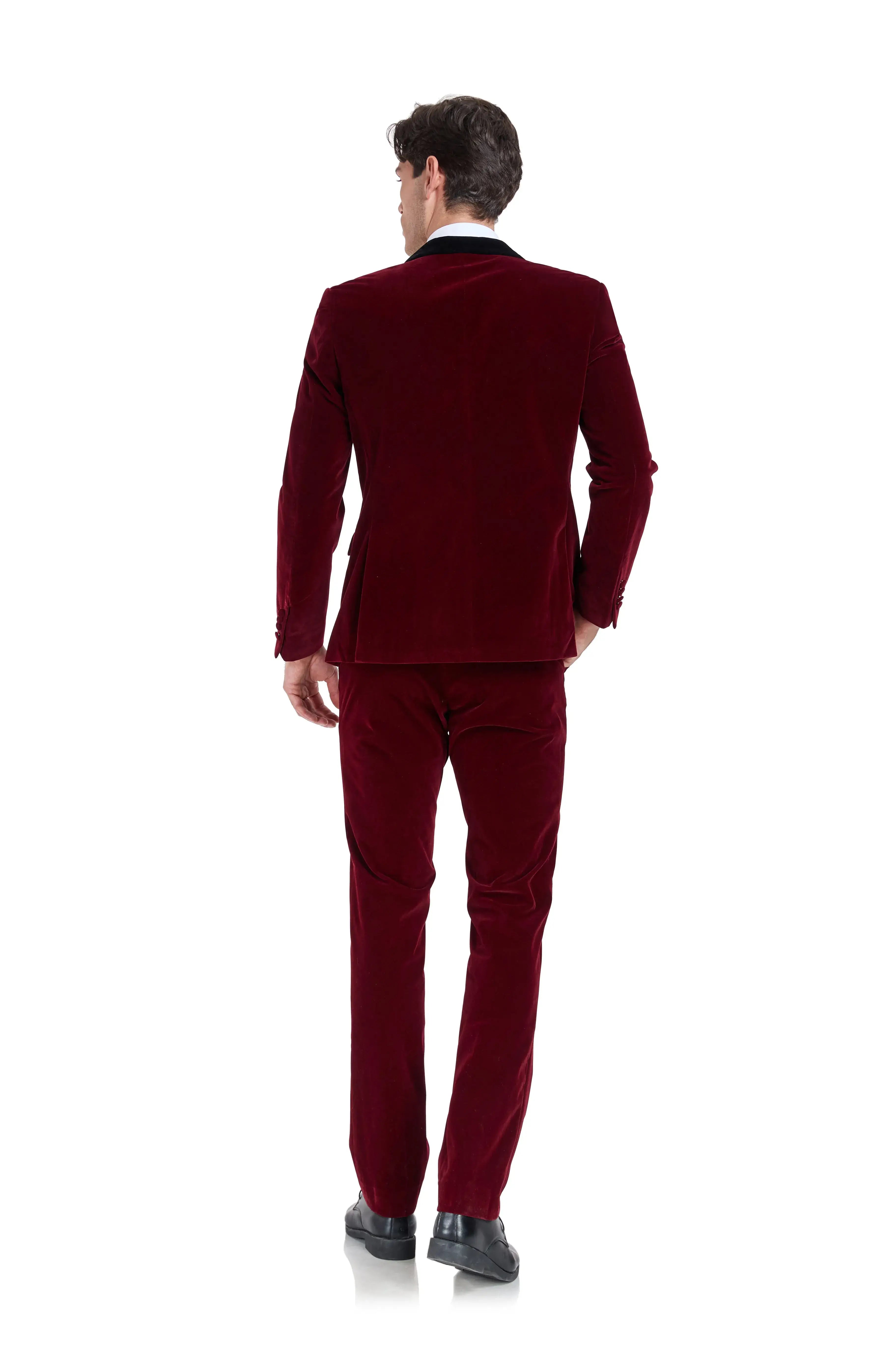 Back view of men's formal burgundy velvet 3 piece suit – evening wear style