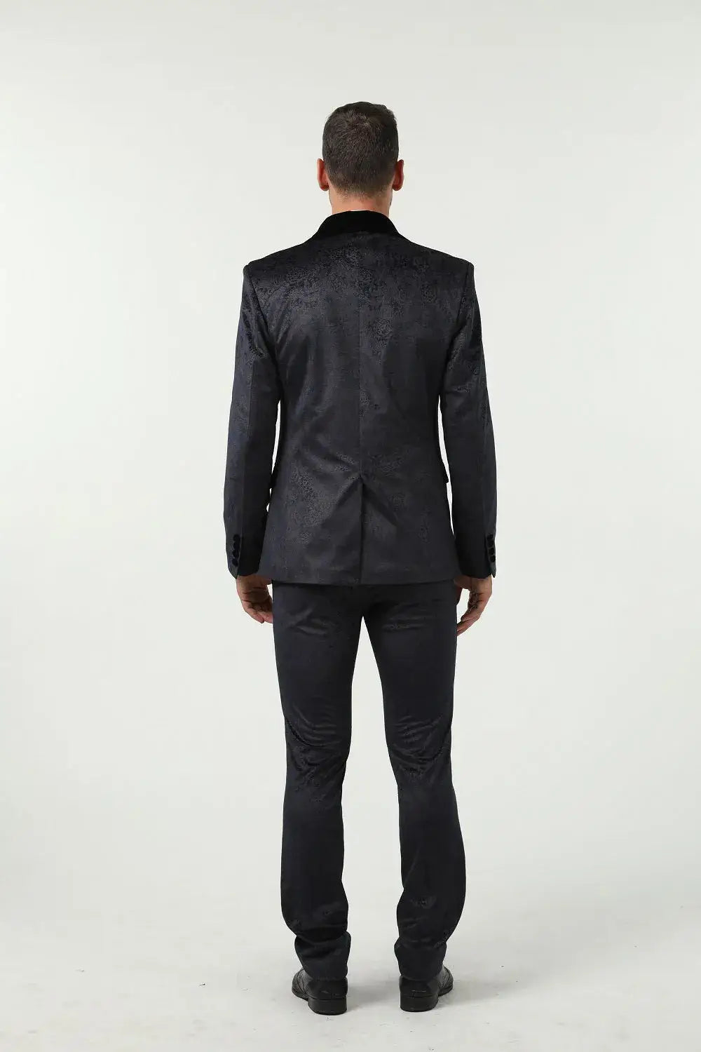 Back view of men's navy patterned velvet 3 piece suit – slim fit tailored finish