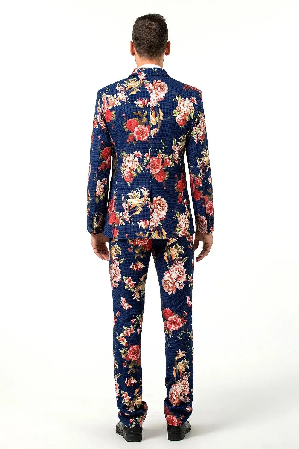 Back view of men's navy floral suit 3 piece with rose pattern – standout formalwear for events