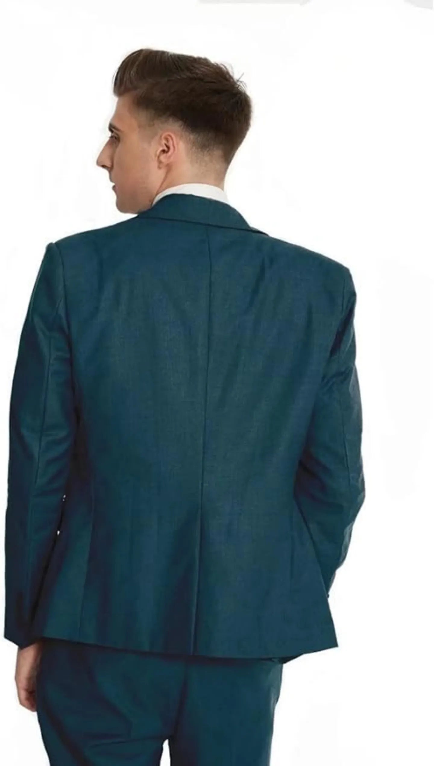 back view of teal men's 3 piece formal suit – tailored double-breasted vest and slim fit blazer design