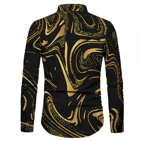 Rear view of gold marble graphic men's shirt – long sleeve festive casualwear