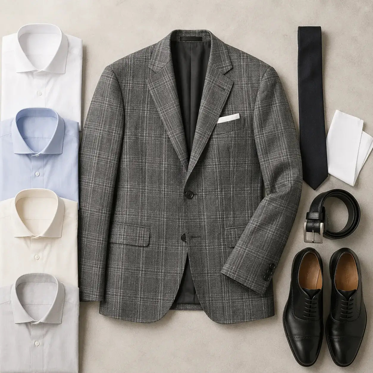 Men's grey plaid suit with simple shirts, solid tie, pocket square, belt, and dress shoes.
