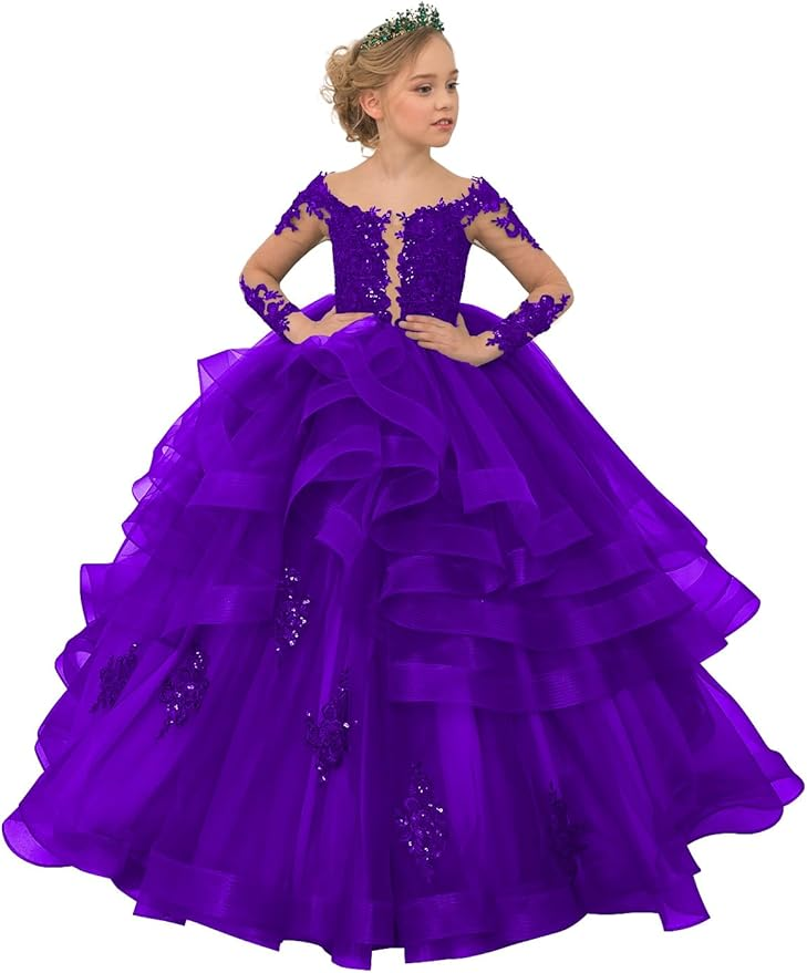 Long Sleeve Flower Girl Dresses Lace Applique Princess Ruffles Tulle Party Gown