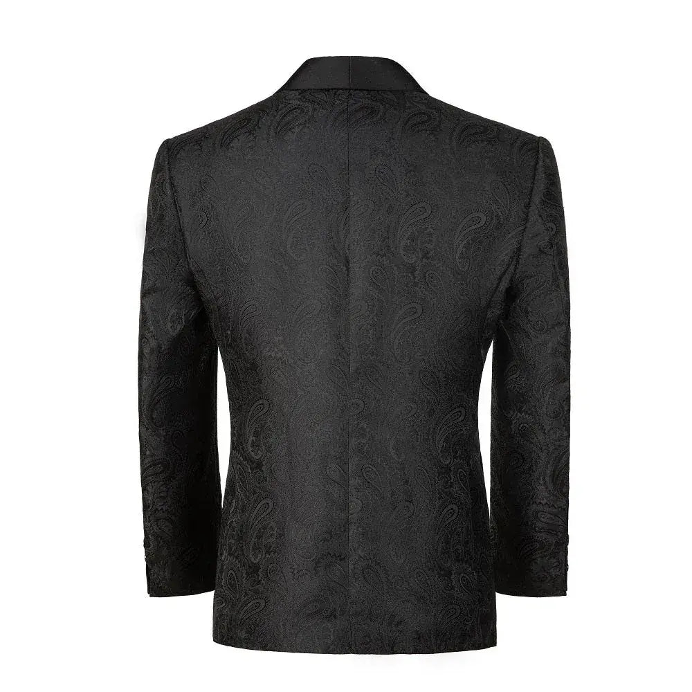 Back view of a black paisley patterned blazer with black satin peak lapels.