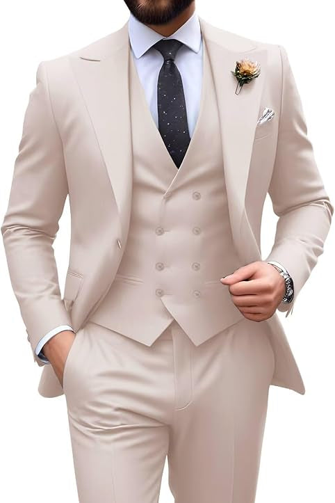 Beige slim fit 3 piece groom suit with peak lapel blazer, double breasted vest and pants for modern wedding style