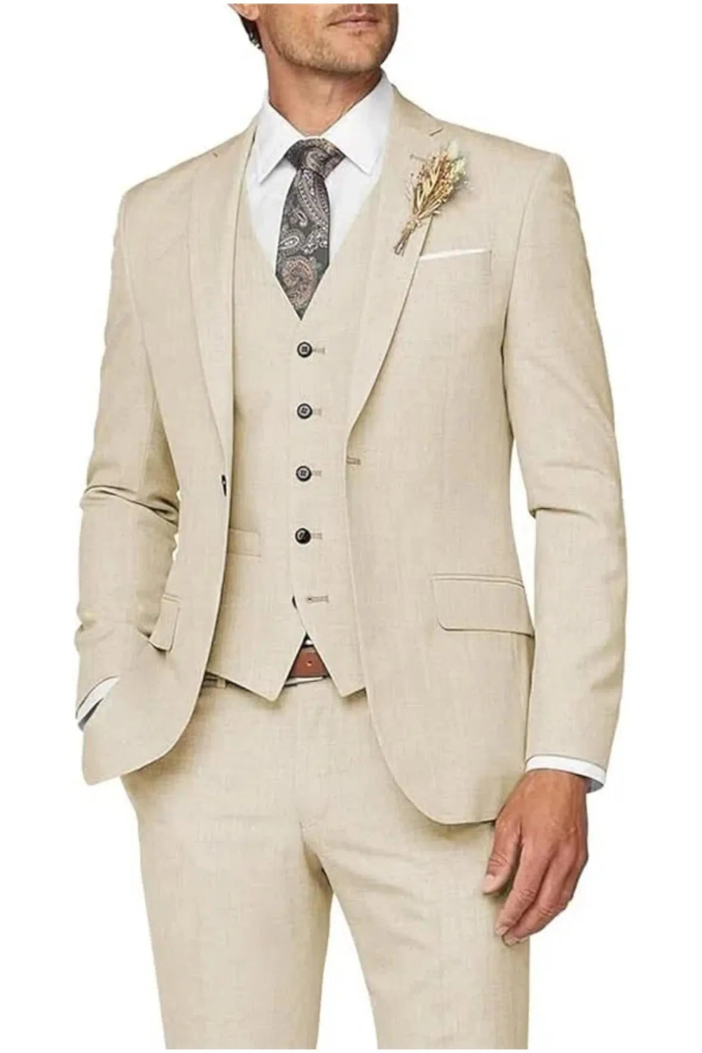 beige 3 piece suit for men: formal wedding prom outfit with slim fit blazer, vest, trousers & paisley tie